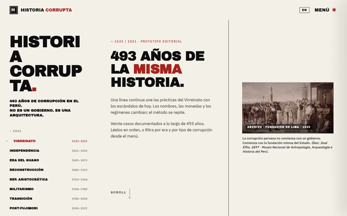 Captura de Historia Corrupta: portada del sitio con la línea de tiempo de 493 años de corrupción